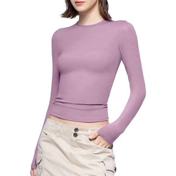 Tops - Women's Mauve Long Sleeve T Shirts Crew Neck Slim Fit Sexy Collection